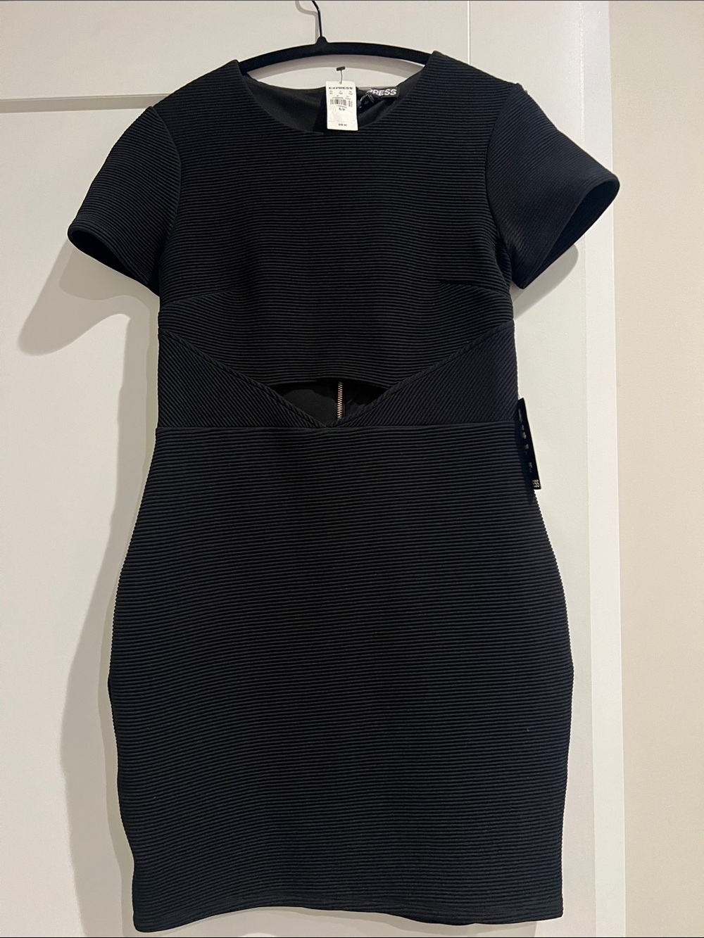 Express Black Ribbed Short-Sleeve Cutout Sheath Dress